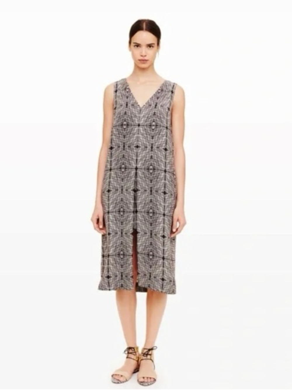 Club Monaco 100% Silk Gray Geometric V-Neck Midi Romper Dress